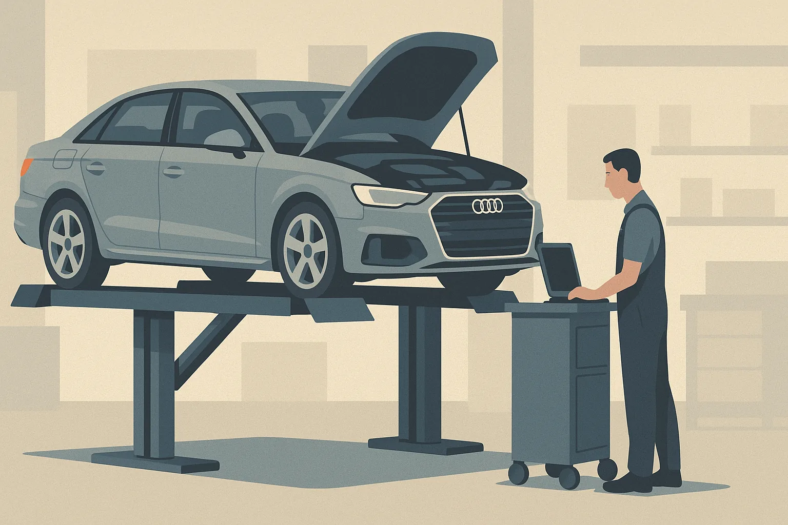 A gray Audi sedan on a lift with the hood open while a technician runs diagnostics at an independent European auto specialist in Torrance