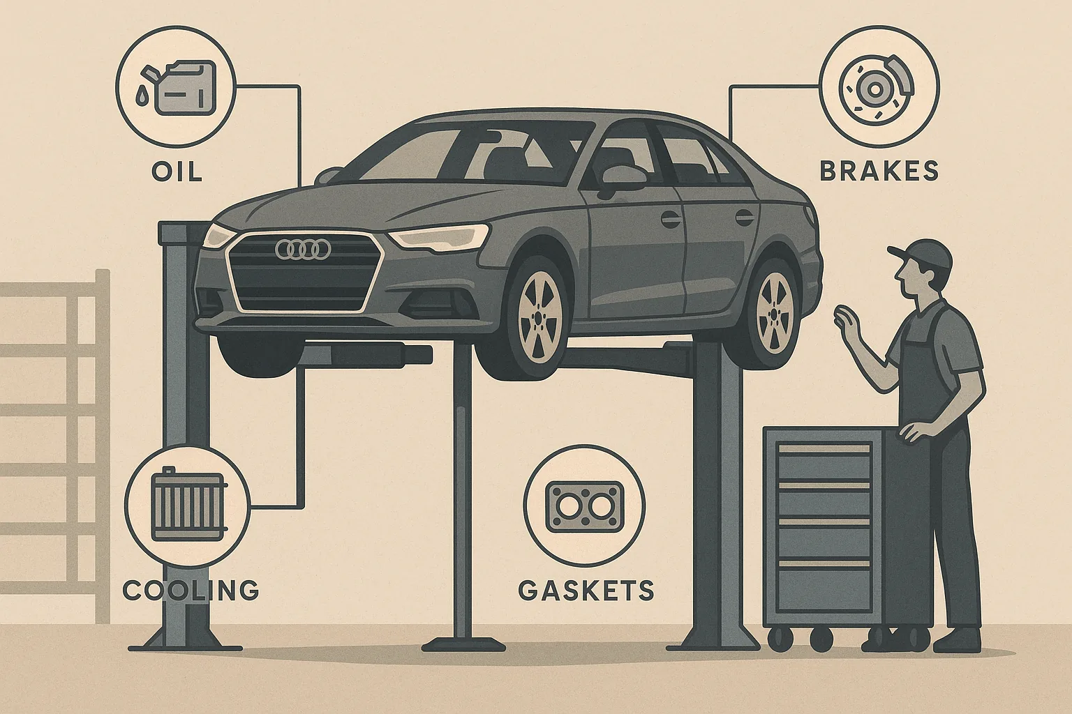 Illustration of an Audi on a lift with labeled service points for oil, brakes, cooling, and gaskets at a Torrance independent specialist