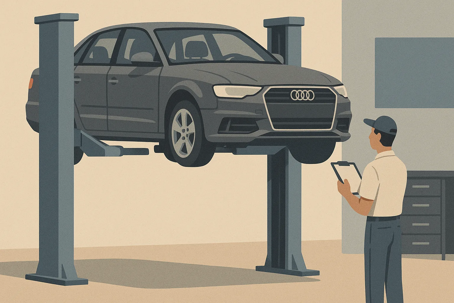 A gray used Audi sedan up on a lift for a pre-purchase inspection at an independent Audi specialist in Torrance