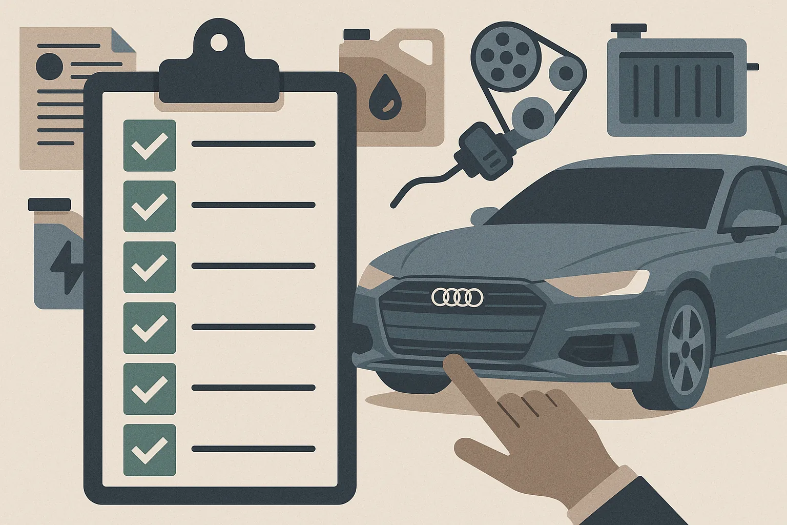 A checklist of the six green flags that signal a used Audi is worth buying, including service records, oil condition, timing components, cooling system, electronics, and inspection