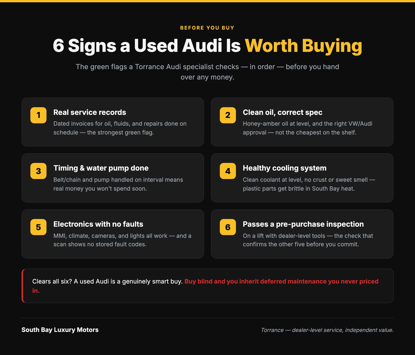 Infographic comparing a well-maintained used Audi against a neglected one across service records, oil, timing, cooling, and electronics