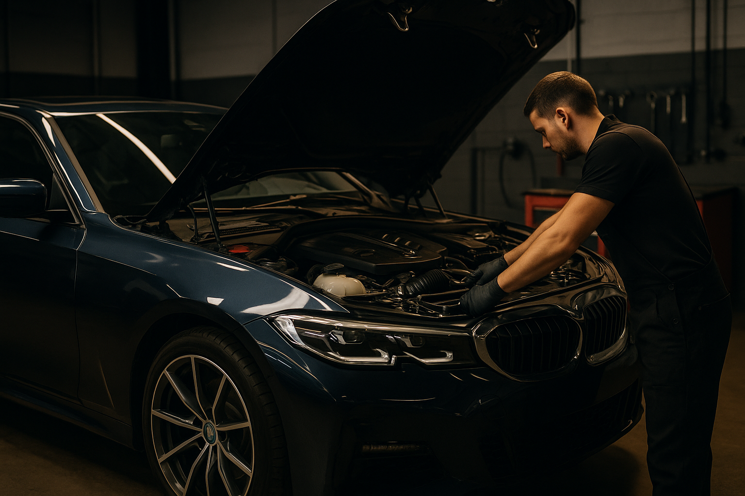 A dark blue BMW sedan with the hood open being serviced by a technician at an independent European auto specialist in Torrance