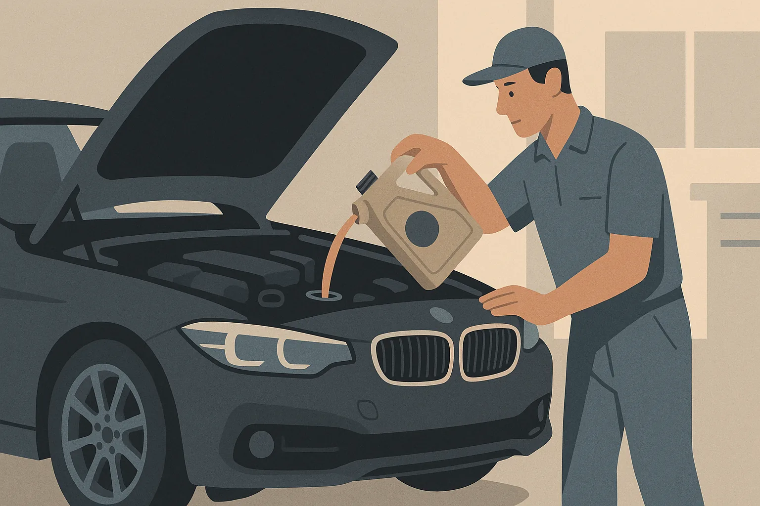 A BMW sedan with the oil filler cap off while a technician pours full-synthetic oil at an independent European auto specialist in Torrance
