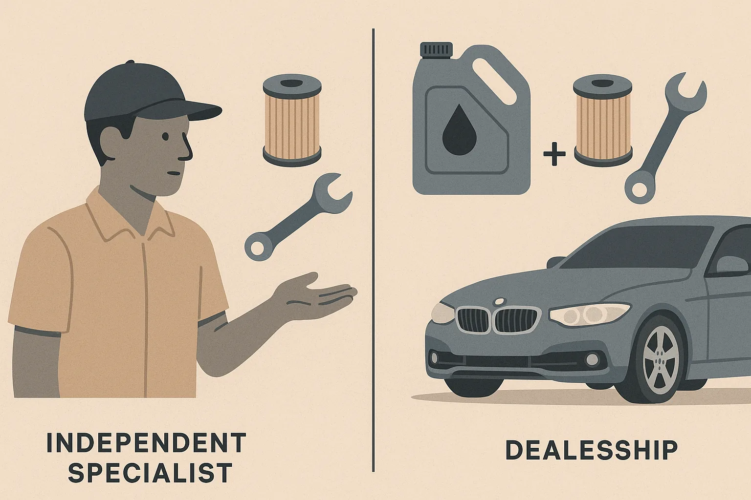 Illustration comparing a BMW oil service done at an independent specialist versus a dealership, showing the oil, cartridge filter, and labor that make up the cost