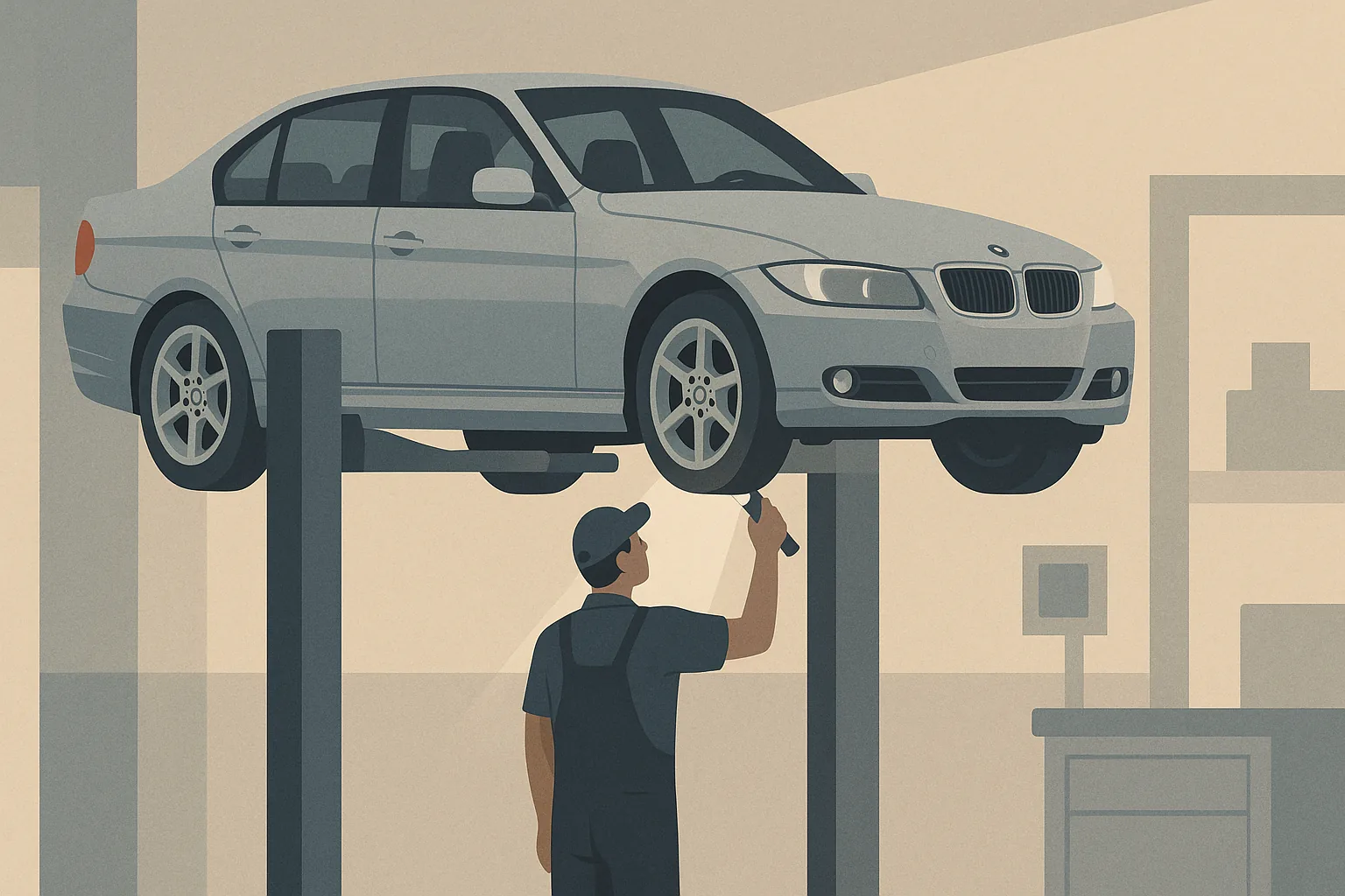 A used silver BMW 3 Series on a lift being inspected underneath by a technician at an independent European auto specialist in Torrance