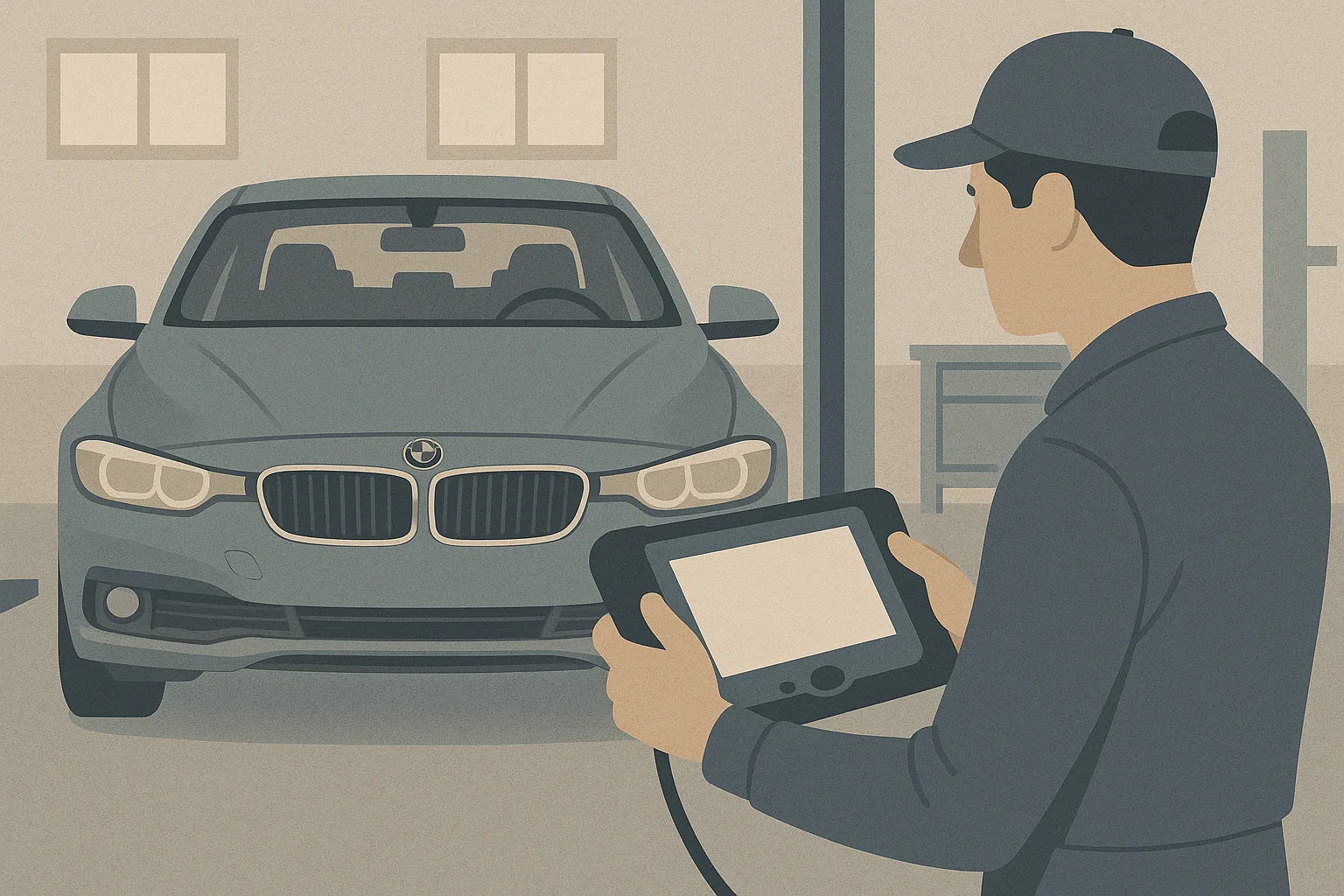 Illustration of a technician using a dealer-level scan tool on a used BMW during a pre-purchase inspection at an independent shop in Torrance