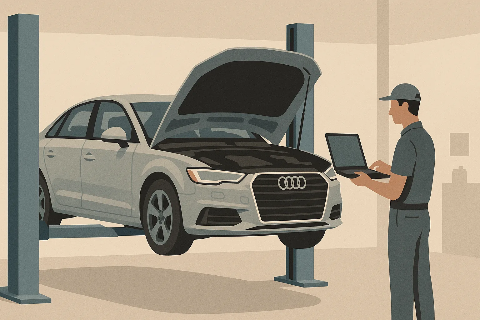 A silver Audi A4 with the hood open on a lift while a technician runs dealer-level diagnostics at an independent Audi shop in Torrance