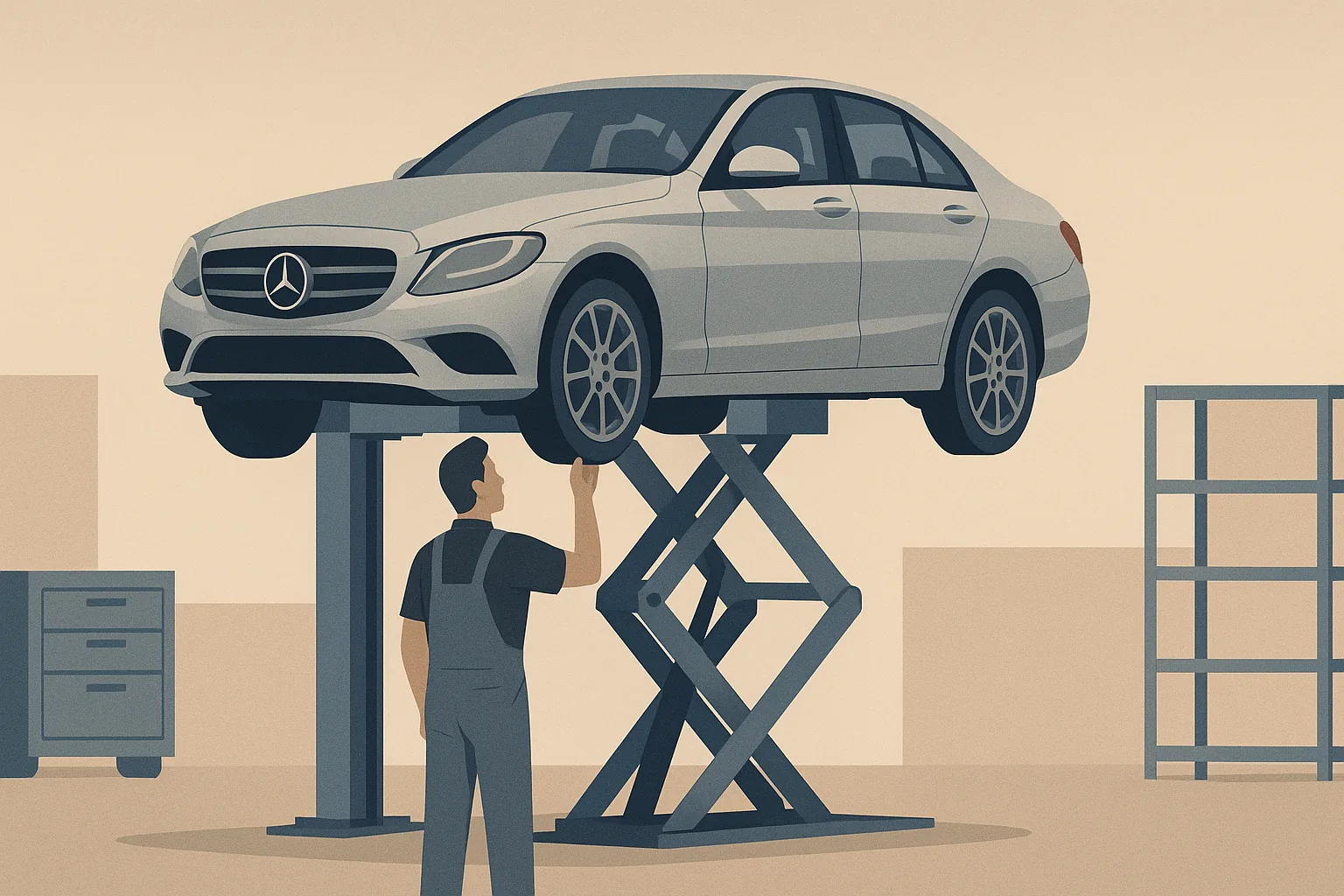 A silver Mercedes-Benz sedan raised on a lift while a technician inspects the underside at an independent European auto specialist in Torrance
