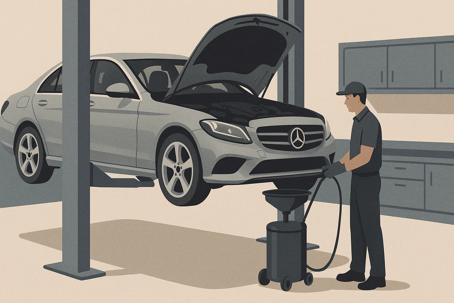 A silver Mercedes-Benz sedan with the hood open on a lift while a technician drains the engine oil at an independent European auto specialist in Torrance