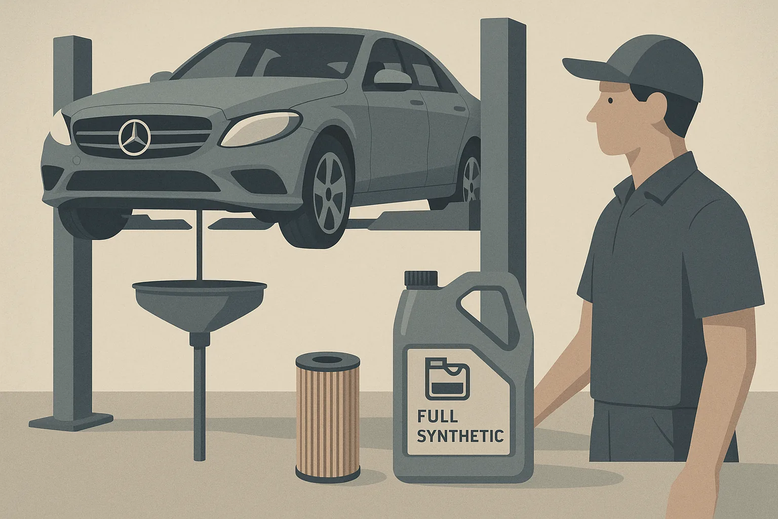 Illustration of a technician draining engine oil from a Mercedes-Benz on a lift, with a labeled bottle of 229.x-approved full-synthetic oil and an OEM oil filter cartridge beside it
