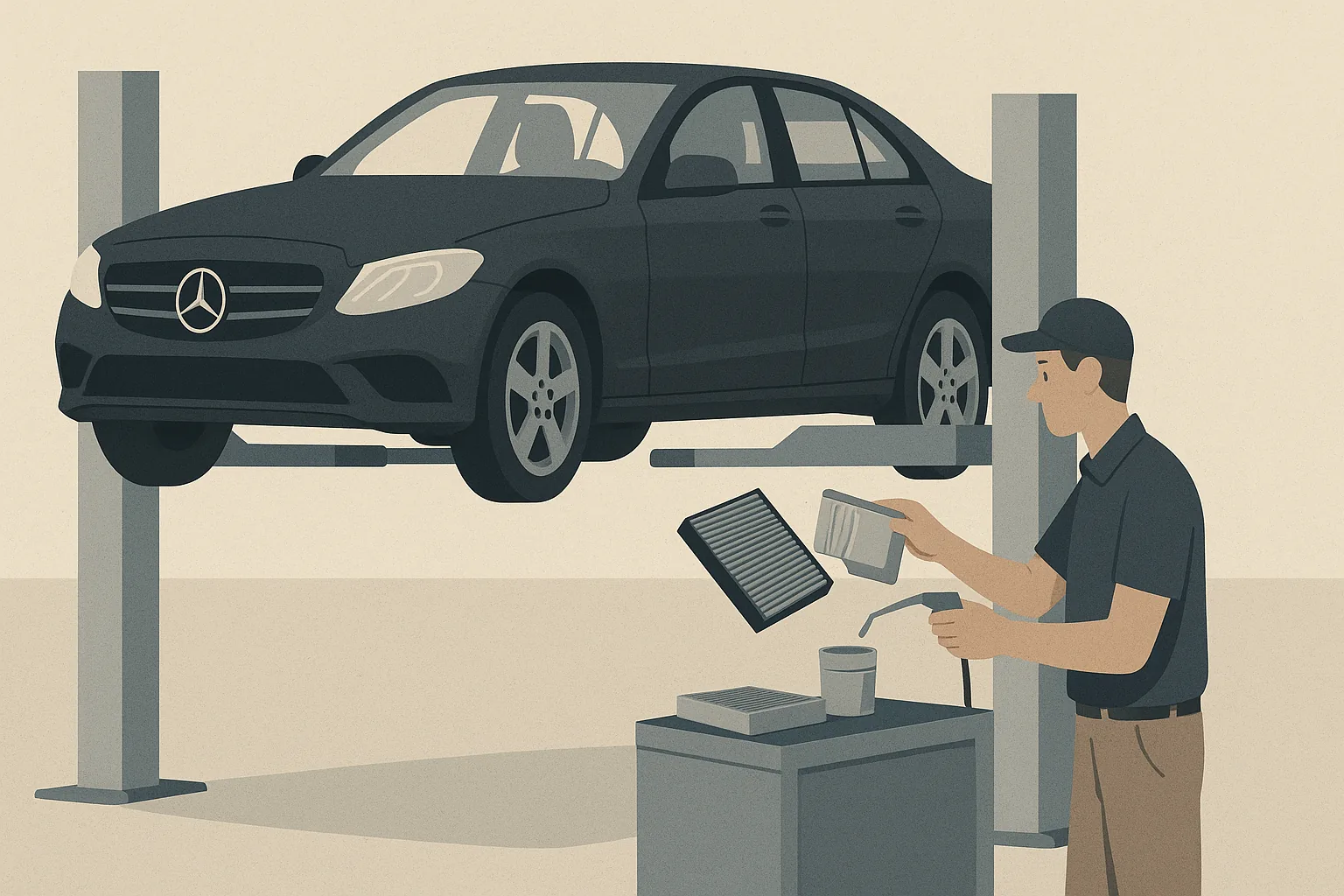 A black Mercedes-Benz sedan on a lift while a technician replaces the brake fluid and cabin filter during a Service B at an independent European auto specialist in Torrance