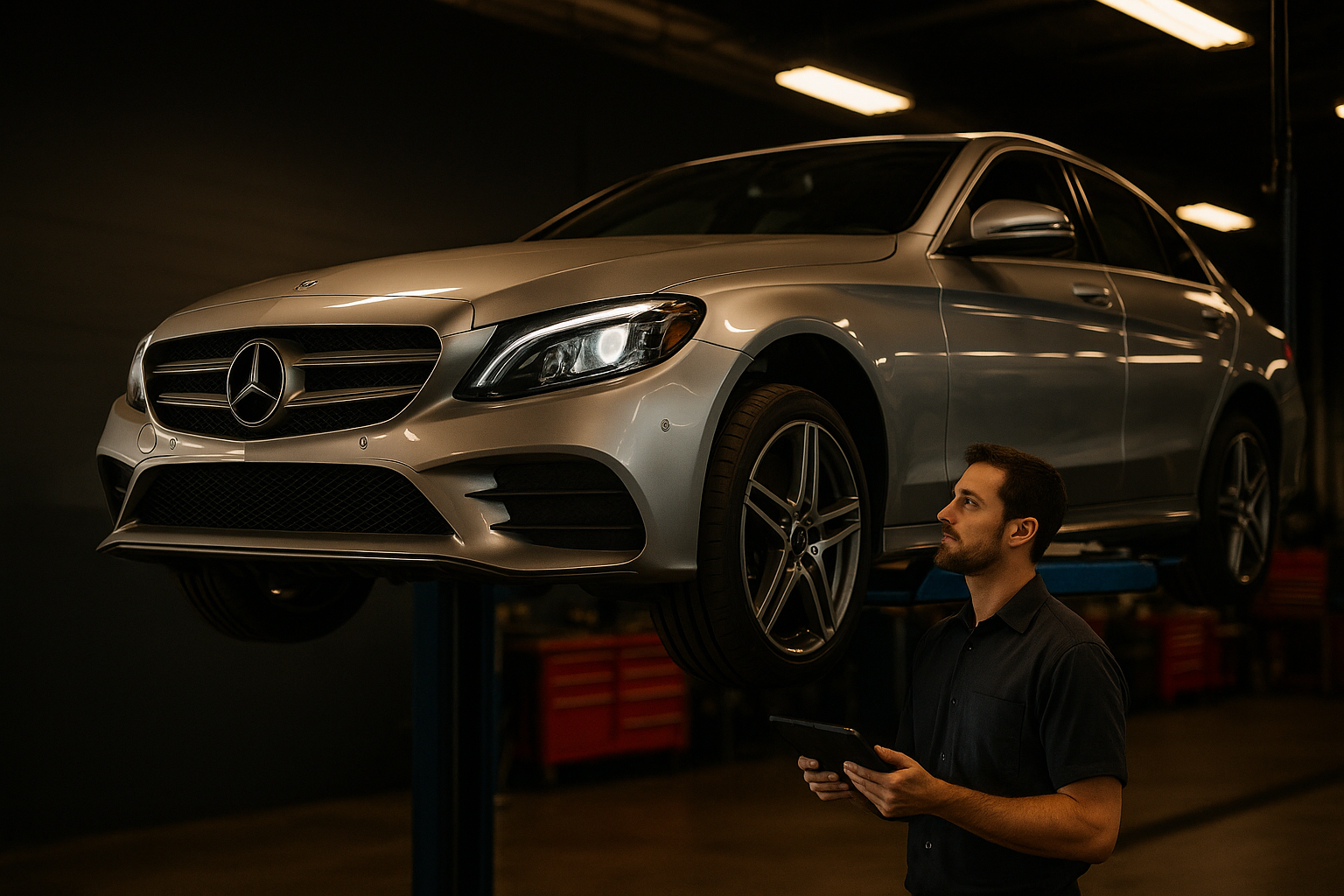 A silver Mercedes-Benz sedan on a lift at an independent European auto specialist in Torrance while a technician inspects it with a diagnostic tablet