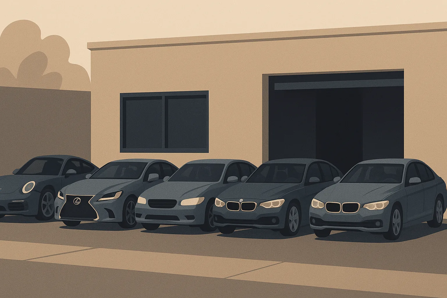 Five luxury cars including a Porsche, Lexus, and BMW parked outside an independent European auto specialist shop in Torrance