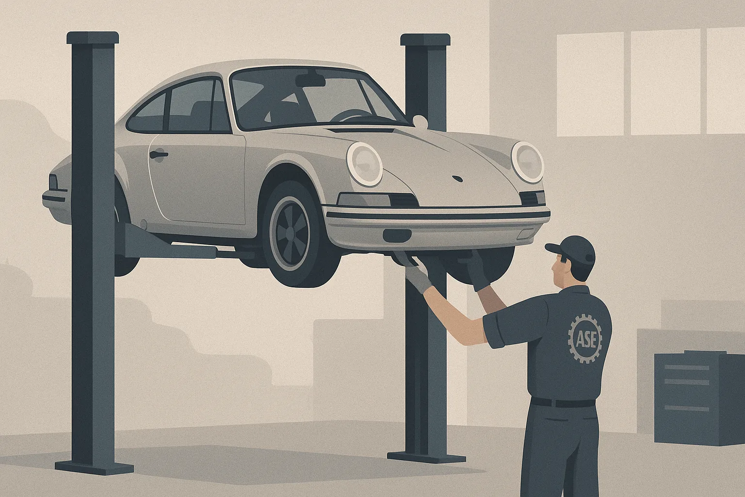 A silver Porsche 911 raised on a lift being serviced by an ASE certified technician at an independent European auto specialist in Hermosa Beach