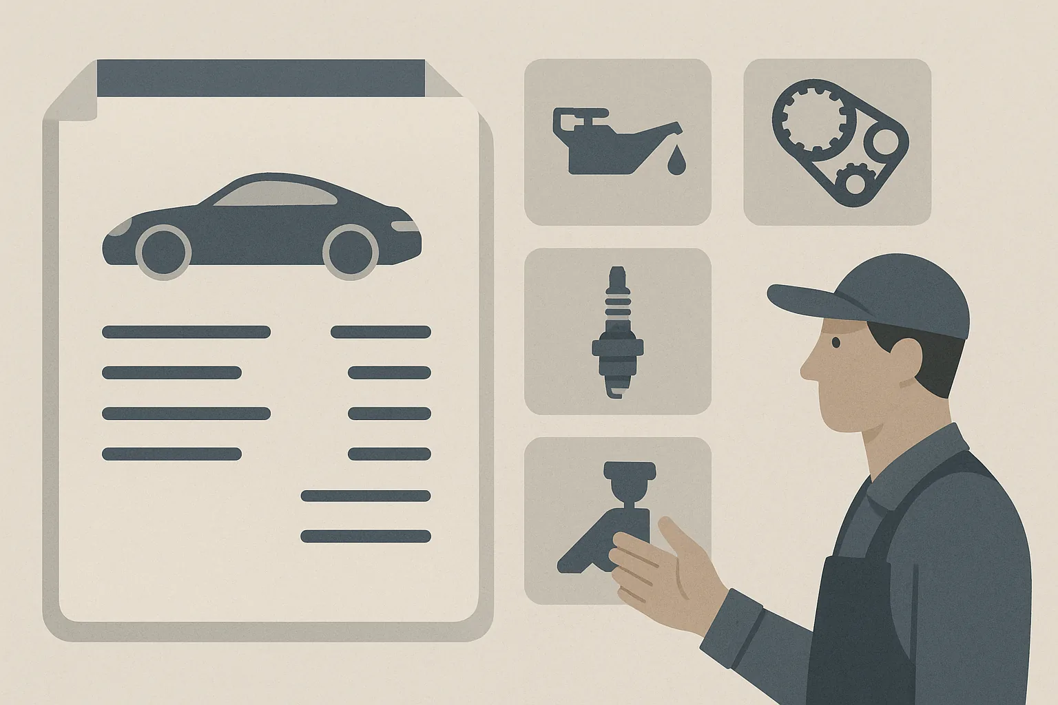 Illustration of a Porsche service invoice broken into its real parts: minor service, major service, spark plugs, brake fluid, and inspection labor